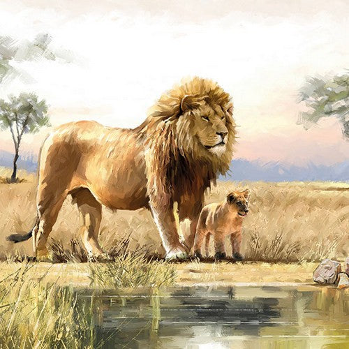 Familia de leones junto al agua