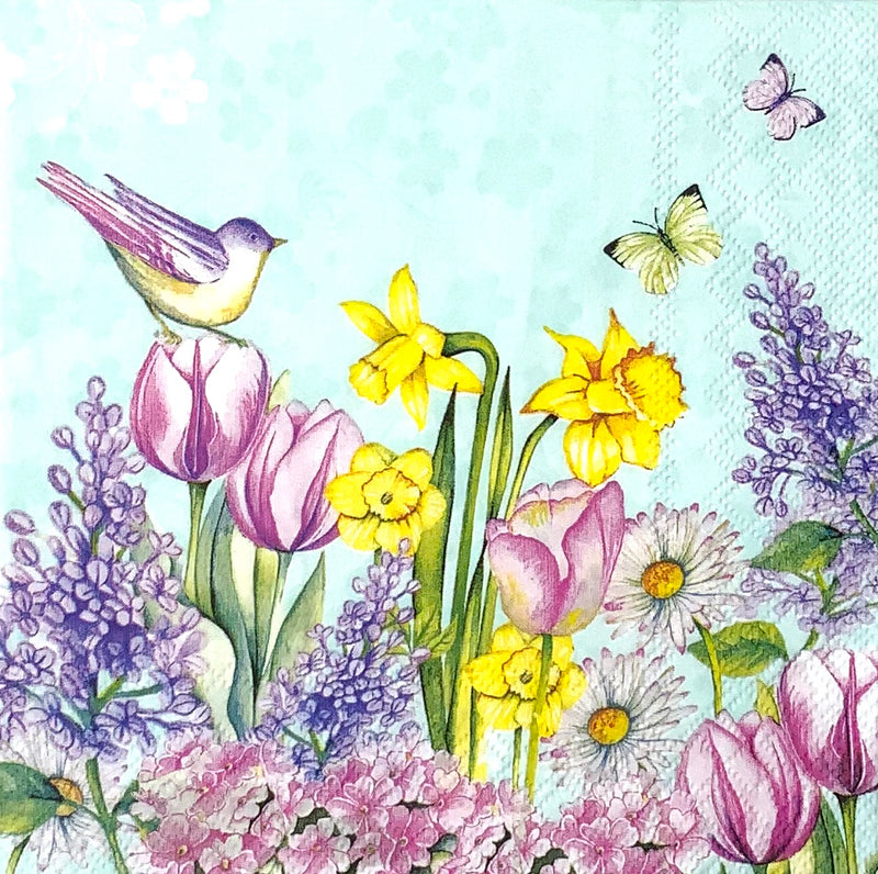 Jardín de flores con mariposas y pajaritos - Blooming Garden Turquoise
